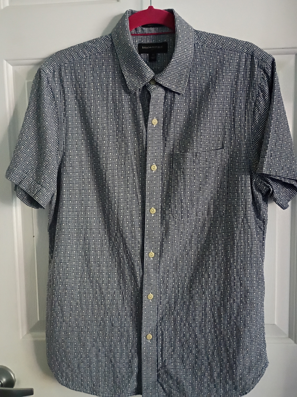 Banana Republic Men's Short-Sleeve Navy & White Micro-Check Button-Down Shirt